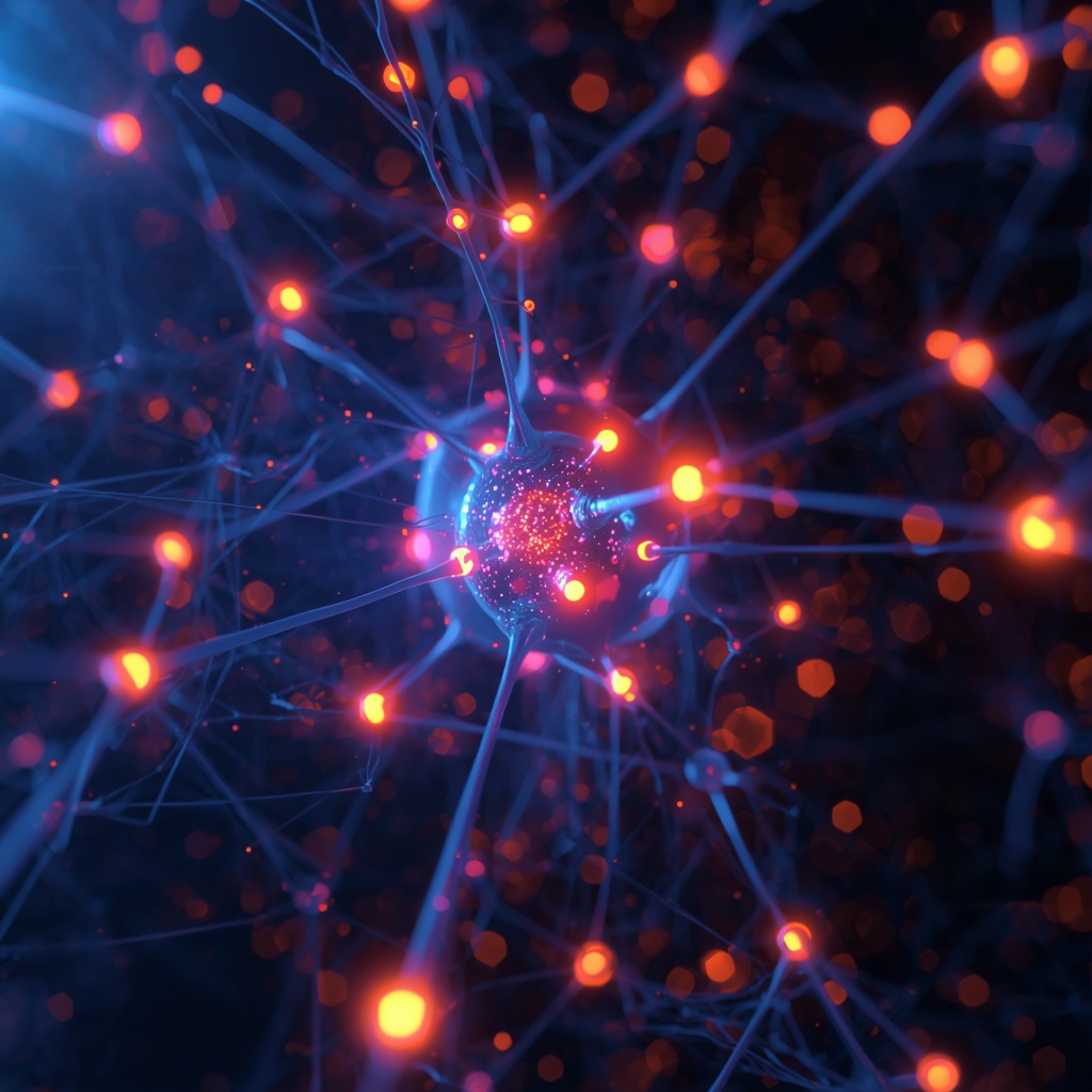 Abstract visualization of a neural network with interconnected nodes and glowing pathways, AI technology concept